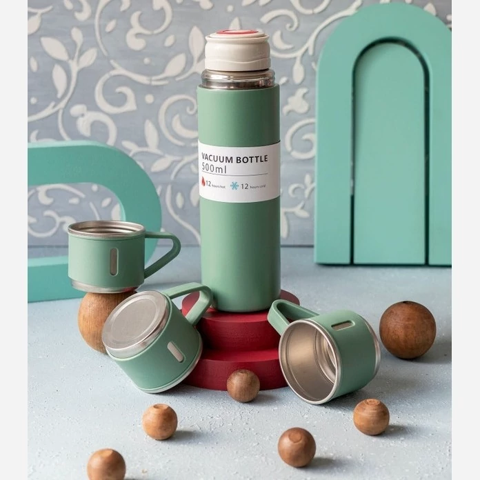 فلاسک مدل کادویی VACUUM FLASK SET گنجایش 0.5 لیتر به همراه لیوان مجموعه 3