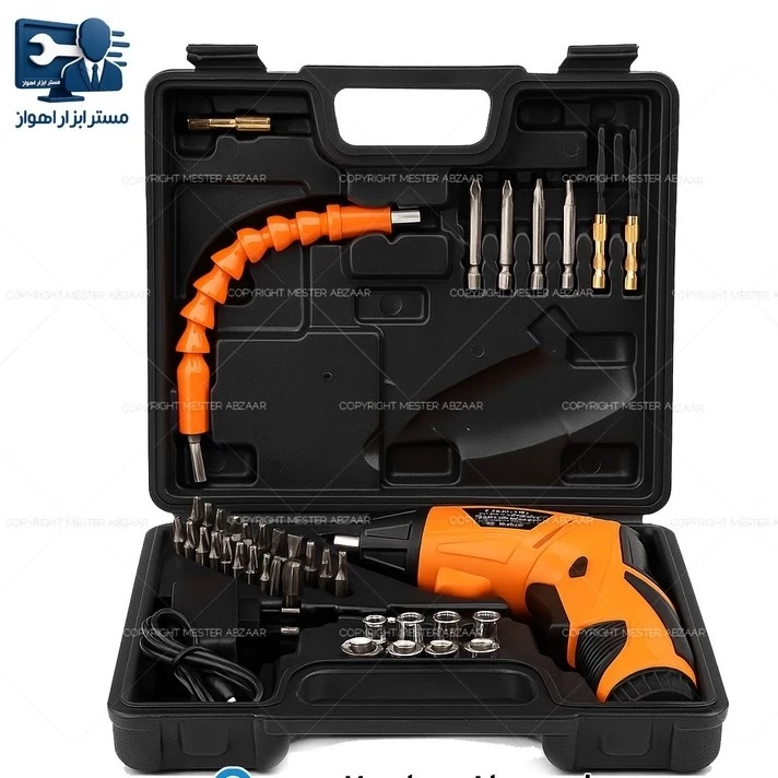 دریل پیچ بند 47 تکه تاشو با لوازم و کیف 3.6 ولت مدل CORDLESS 47PCS قابلیت چرخش به صورت تفنگی و استند سری 6 گوش دارای سری