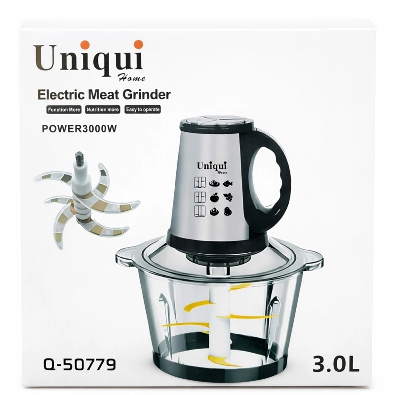 خردکن و گوشت کوب  برقی Uniqui مدل Q-50779 با توان قدرتمند 3000 وات و کاسه شیشه ای  3 لیتری
