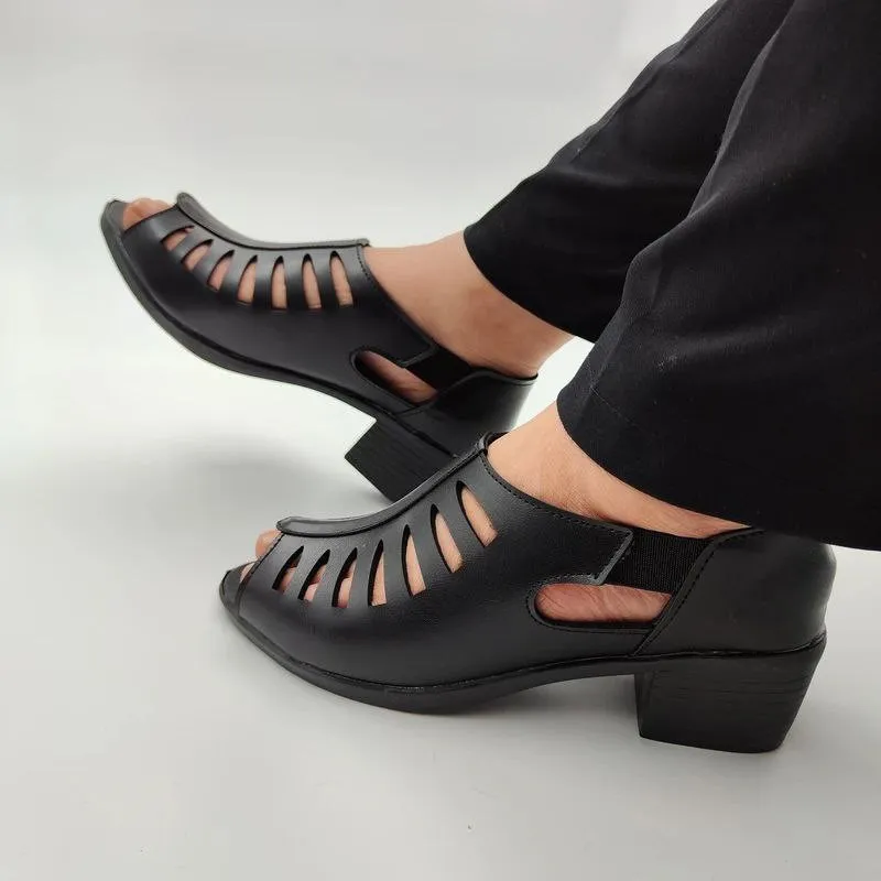 صندل طبی زنانه چرم پاشنه دار مدل حصیری پاشنه 5 سانتی