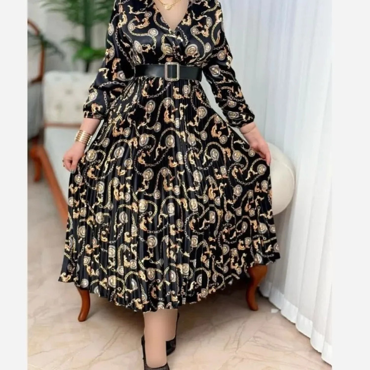 پیراهن زنانه ساتن پلیسه مجلسی مدل کلوش یقه چپ و راستی قد 135
