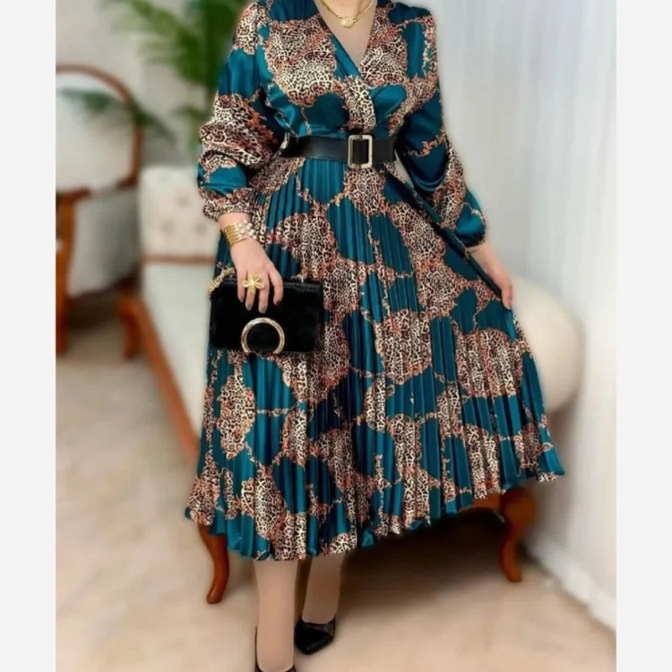 پیراهن زنانه ساتن پلیسه مجلسی مدل کلوش یقه چپ و راستی قد 135