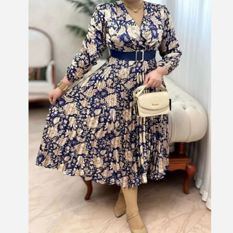 پیراهن زنانه ساتن پلیسه مجلسی مدل کلوش یقه چپ و راستی قد 135