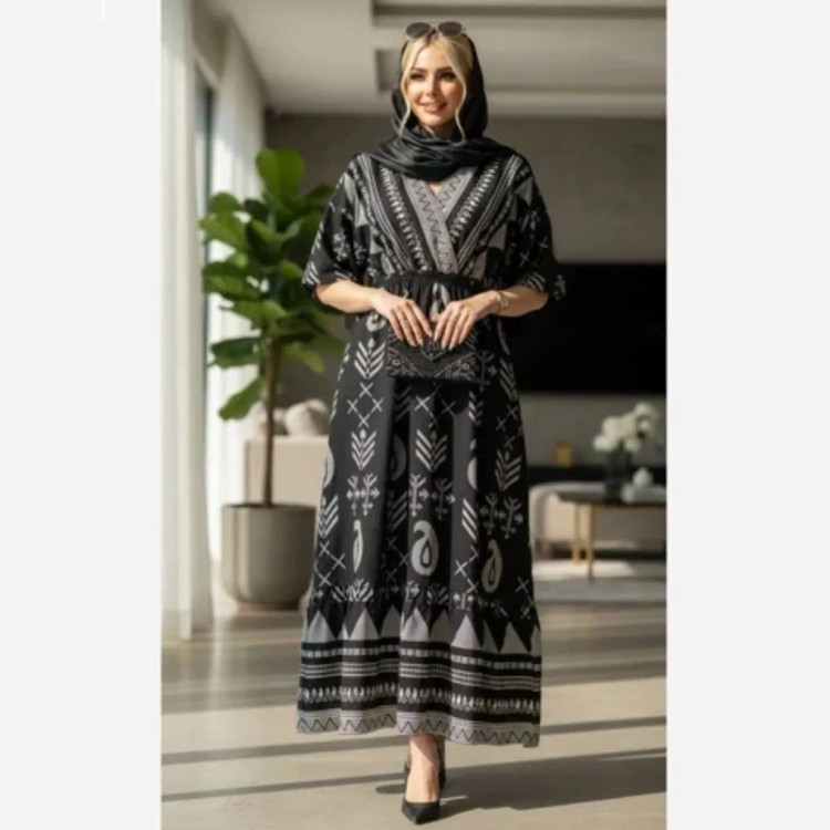 پیراهن زنانه کلوش بلند آستین سه ربع مدل یاس جنس سوپرسافت فری سایز مناسب بارداری و شیردهی