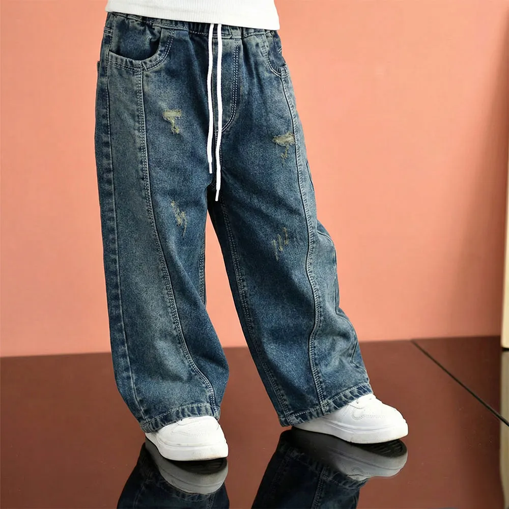 شلوار جین بگ دخترانه آبی مدل کمر کش سایز 2 تا 7 سال
