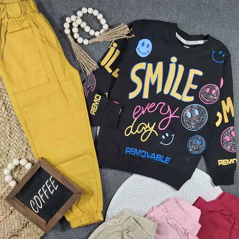 بلوز شلوار دخترانه طرح SMILE جنس پنبه سوپر و کتان کد 9065