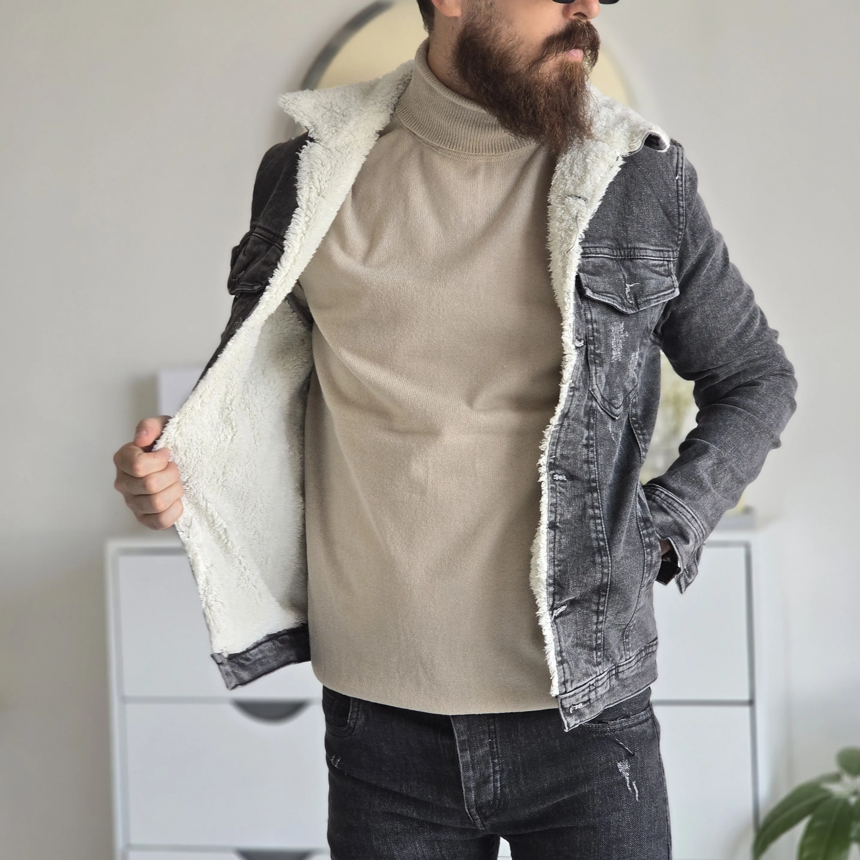کت جین خزدار زنانه تمام کش رنگ مشکی ذغالی سایز L تا XXXL