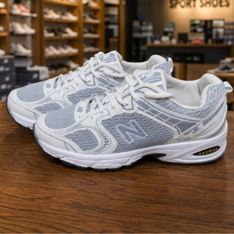 کفش کتانی مردانه نیو بالانس مدل 530 رنگ طوسی سفید با زیره ایر بولینگ