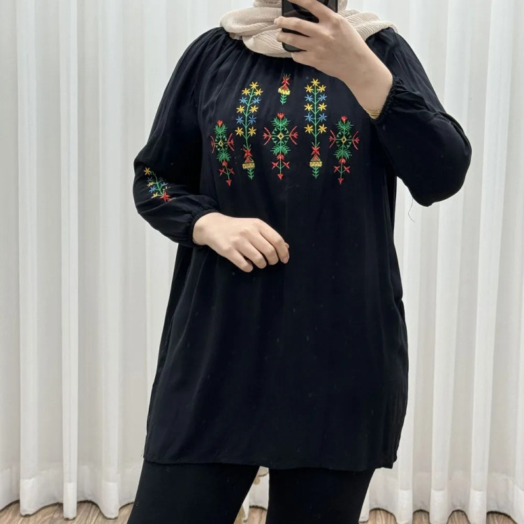 تونیک گلدوزی آی جان نخی شسته شده فری سایز تا 48 چهارفصل کمربنددار بدون آبرفت و رنگ رفت سایه نمیندازد