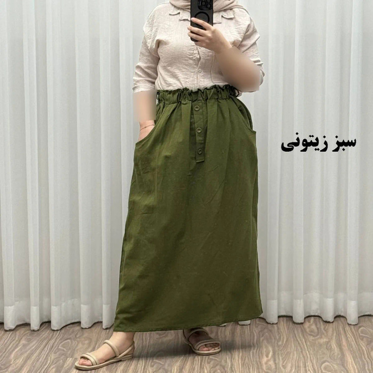 دامن لینن زنانه و دخترانه فری سایز مناسب تا سایز 48 قد 93 سانتیمتر