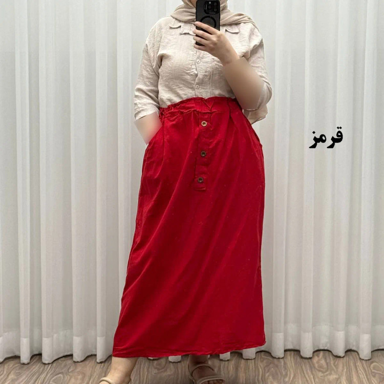 دامن لینن زنانه و دخترانه فری سایز مناسب تا سایز 48 قد 93 سانتیمتر