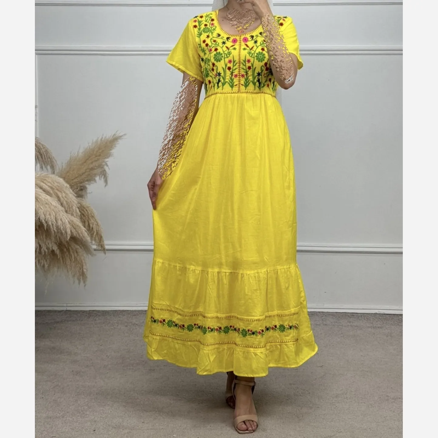 پیراهن ساحلی نخی گلدوزی شده زنانه فری سایز تا 48 آستردار کمربنددار 6 رنگ