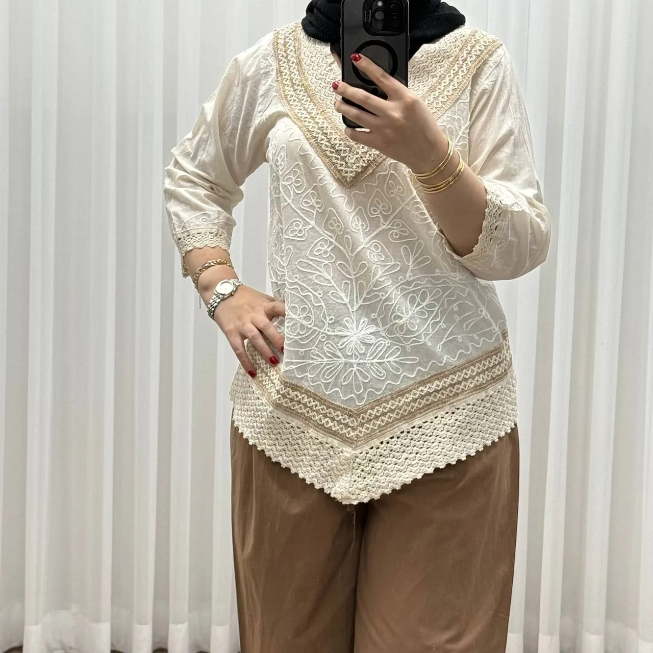 بلوز کرم دو رنگ نخی چهار فصل زنانه دخترانه سایز M L XL XXL تن خور شیک و راحت