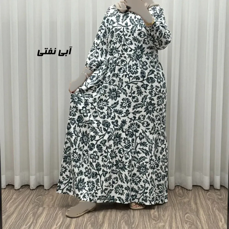 پیراهن نخی زنانه و دخترانه مدل گل یخی فری سایز مناسب تا سایز 50 با کمربند