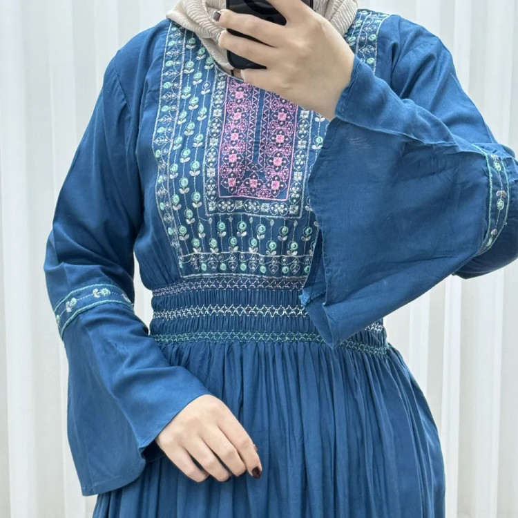 پیراهن نخی گلدوزی زنانه و دخترانه فری سایز مدل نازی کد 1778