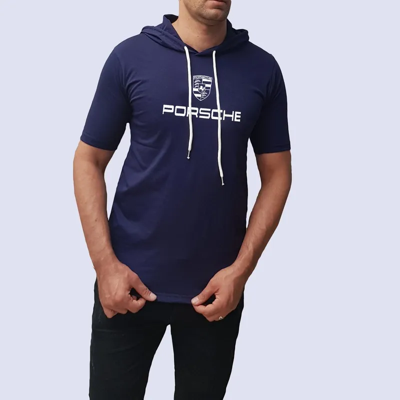 تیشرت کلاه دار مردانه آستین کوتاه طرح پورشه سورمه ای نخی اعلا سایز L XL 2XL