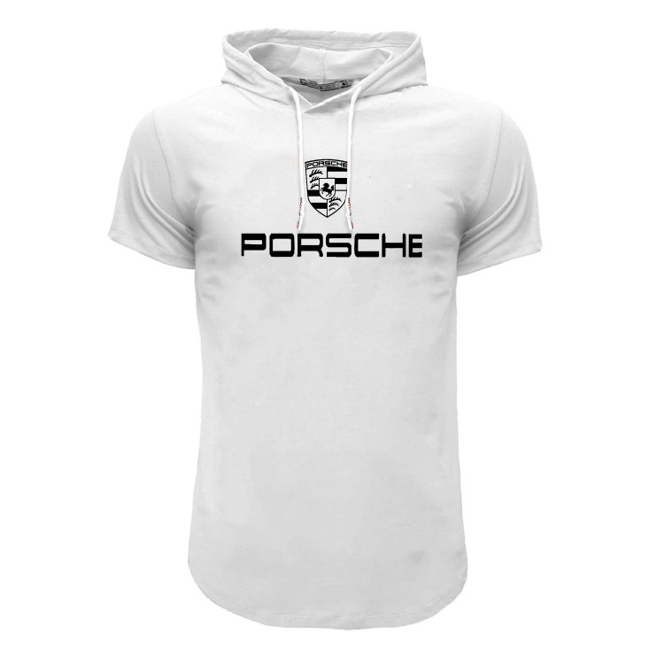 تیشرت کلاه دار مردانه طرح Porsche مدل F8057 مشکی قرمز سفید
