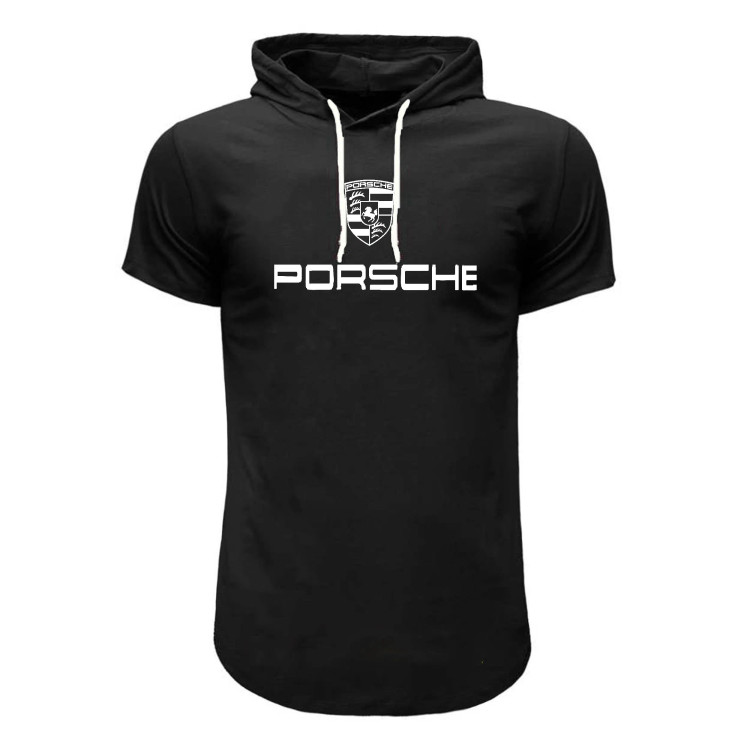 تیشرت کلاه دار مردانه طرح Porsche مدل F8057 مشکی قرمز سفید