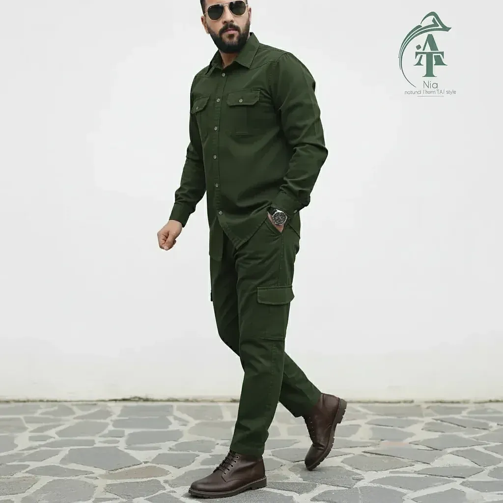 ست پیراهن و شلوار کتان مردانه مدل یاشیل رنگ سبز لجنی