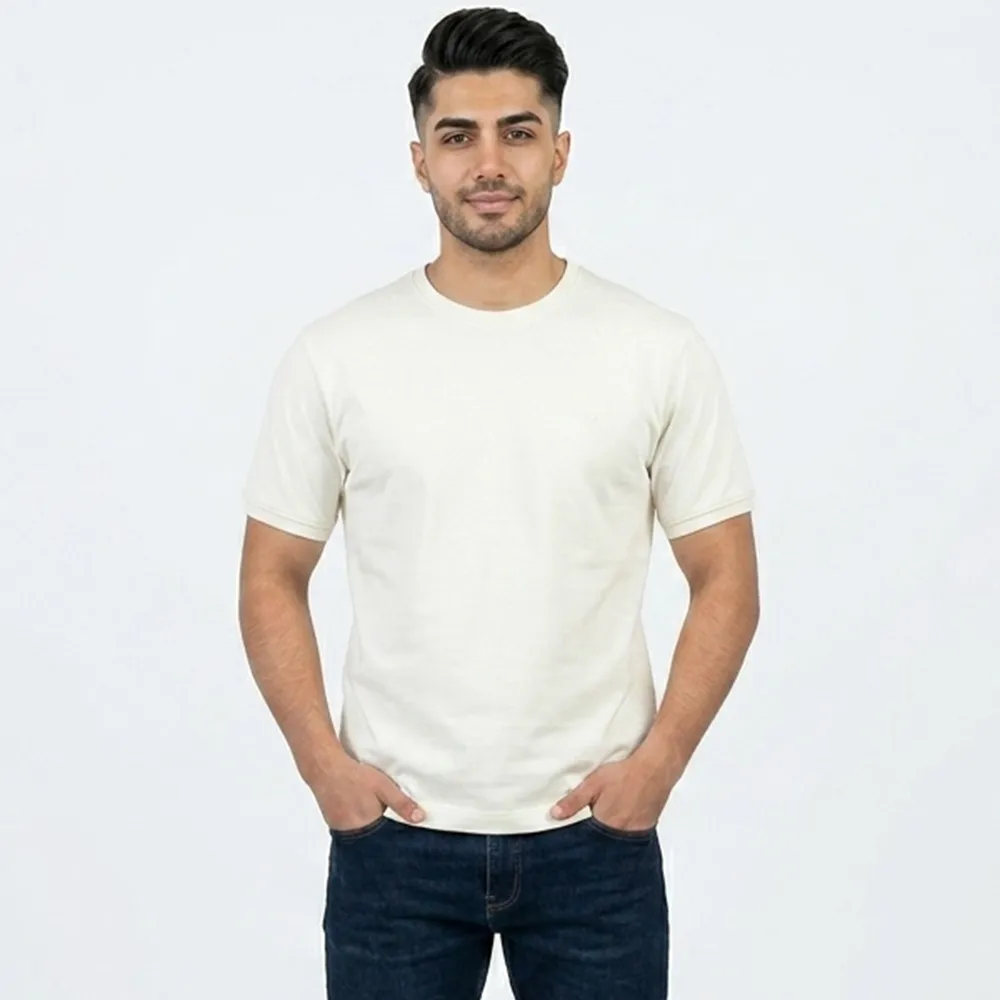تیشرت بیسیک مردانه پنبه خالص رنگ شیری یقه گرد کد 11856