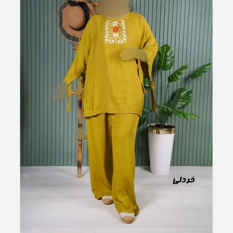 ست بلوز و شلوار نخی زنانه مدل سنتی فری سایز مناسب تا 48