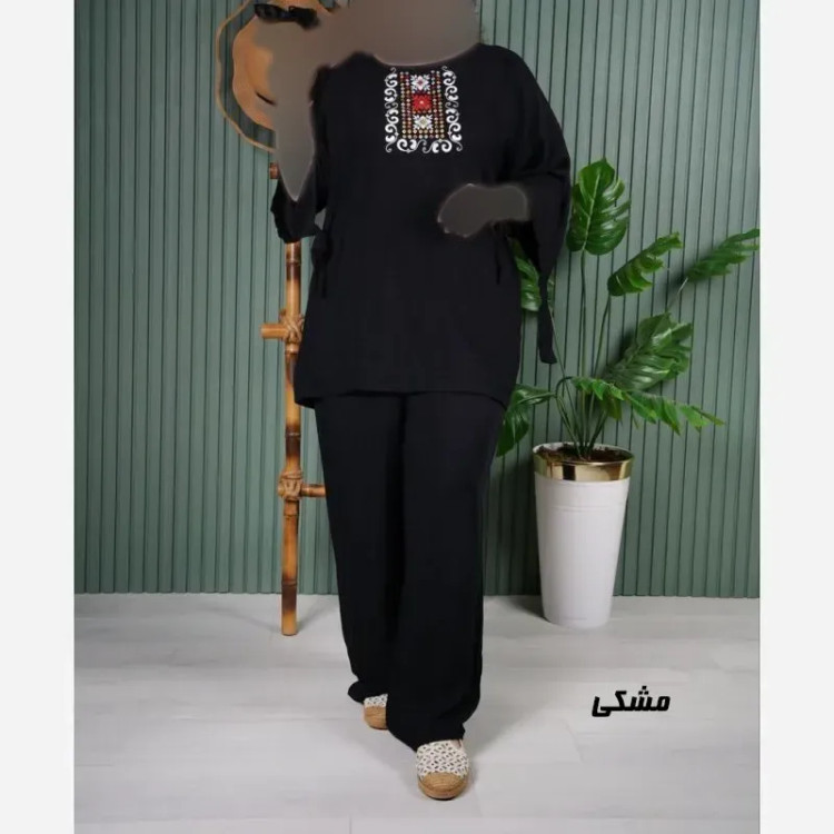ست بلوز و شلوار نخی زنانه مدل سنتی فری سایز مناسب تا 48