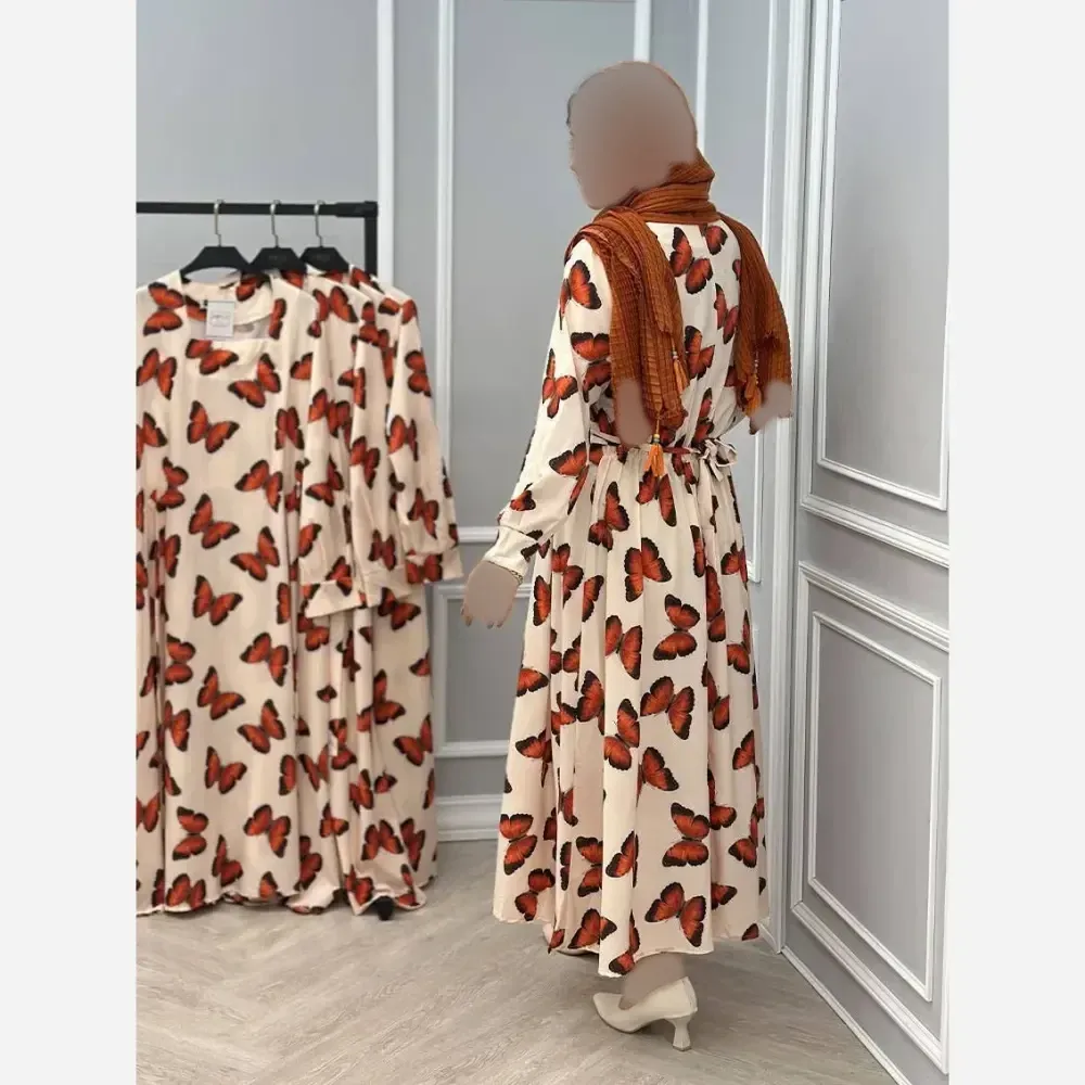 پیراهن ساحلی زنانه طرح پروانه جنس بوگاتی فری سایز تا 48 با کمربند