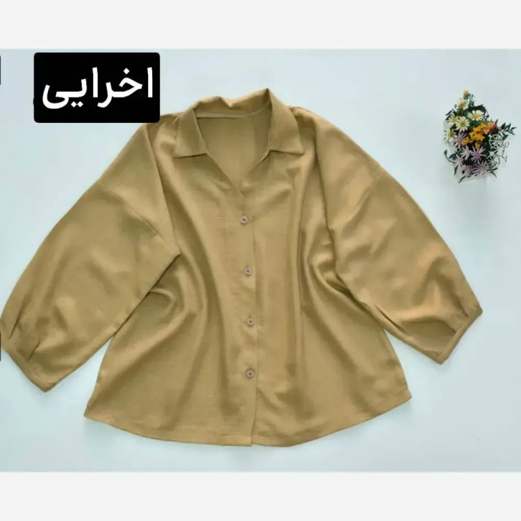شومیز رخساره جنس شانتون سایز فری رنگ سبز خاکی طوسی اخرایی