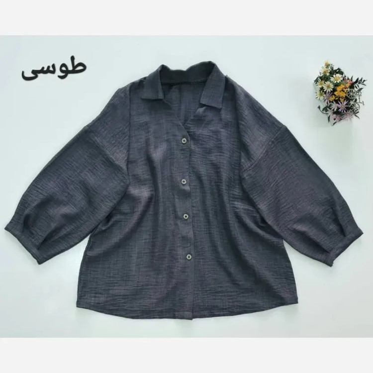 شومیز رخساره جنس شانتون سایز فری رنگ سبز خاکی طوسی اخرایی