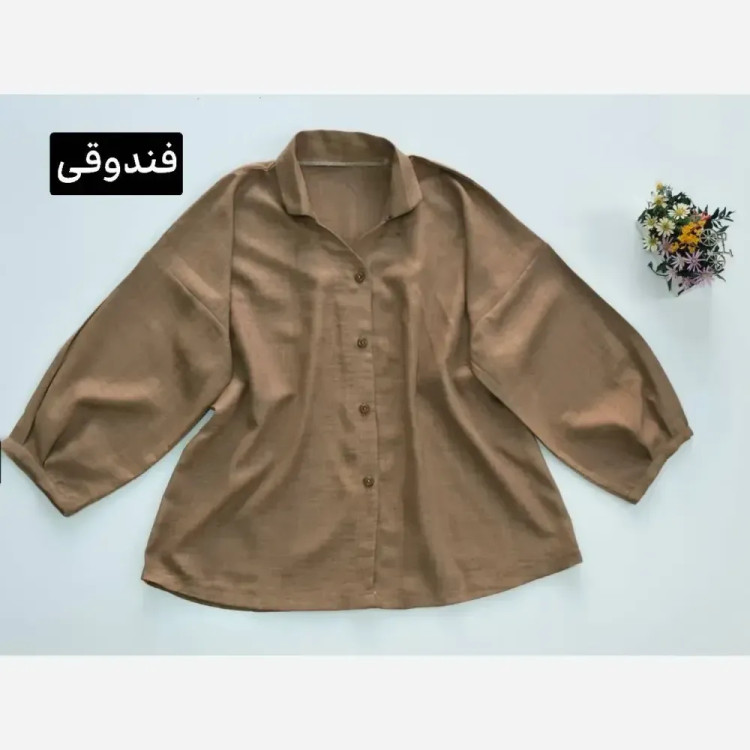 شومیز رخساره جنس شانتون سایز فری رنگ سبز خاکی طوسی اخرایی