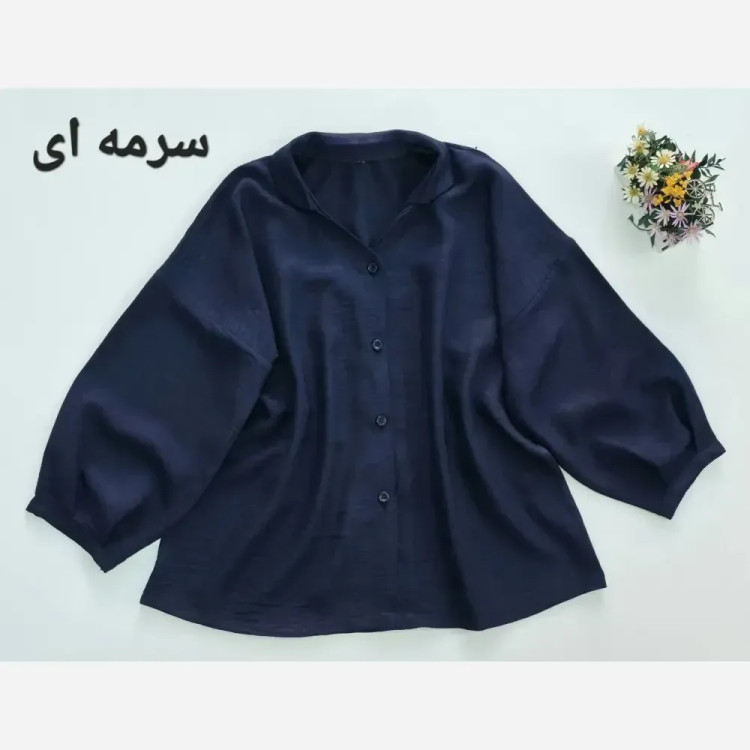 شومیز رخساره جنس شانتون سایز فری رنگ سبز خاکی طوسی اخرایی