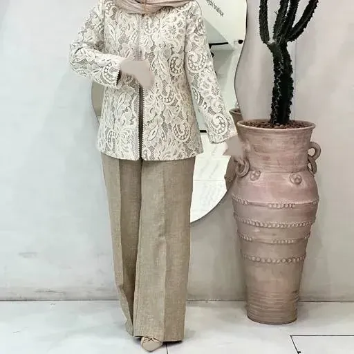 ست مانتو و شلوار مجلسی زنانه گیپور و مازراتی مرواریدی مدل مزونی