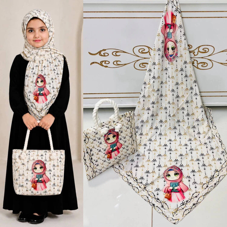 ست کیف و روسری بچگانه با کیف مخمل چاپی و روسری نخی قواره 90
