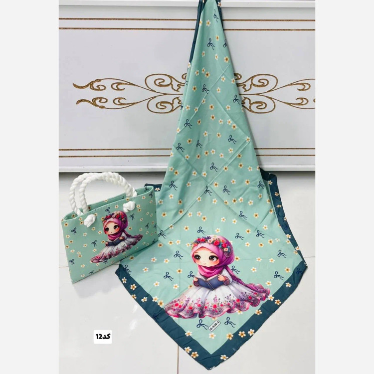 ست کیف و روسری بچگانه با کیف مخمل چاپی و روسری نخی قواره 90