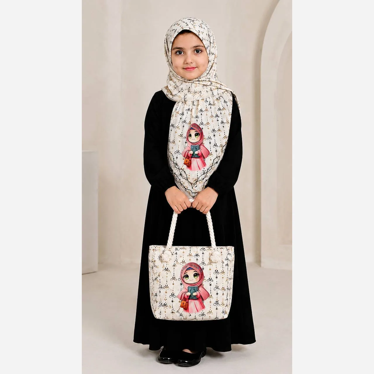 ست کیف و روسری بچگانه با کیف مخمل چاپی و روسری نخی قواره 90