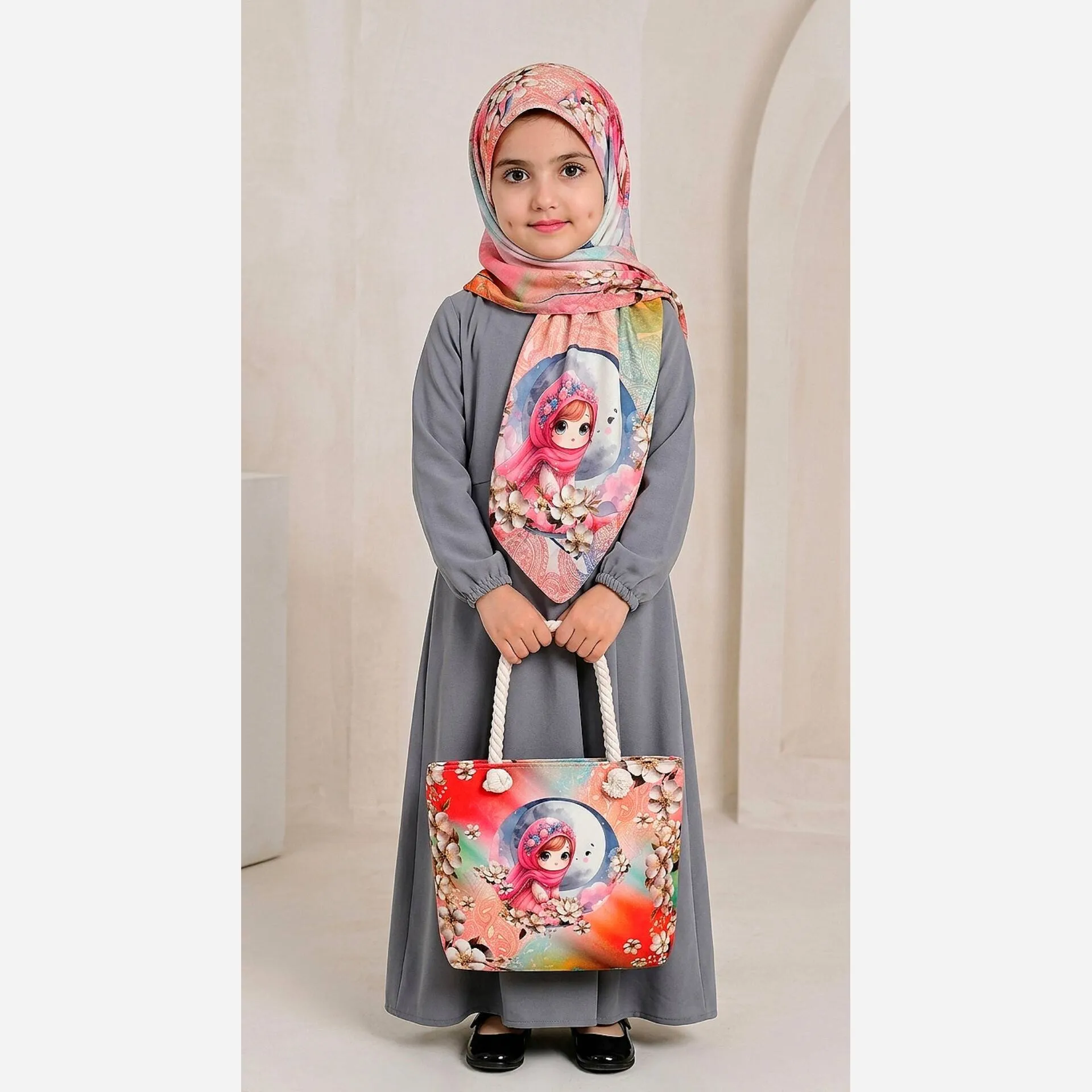 ست کیف و روسری بچگانه با کیف مخمل چاپی و روسری نخی قواره 90