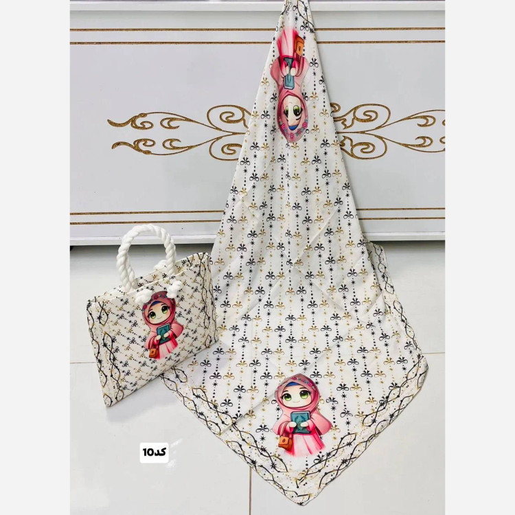 ست کیف و روسری بچگانه با کیف مخمل چاپی و روسری نخی قواره 90