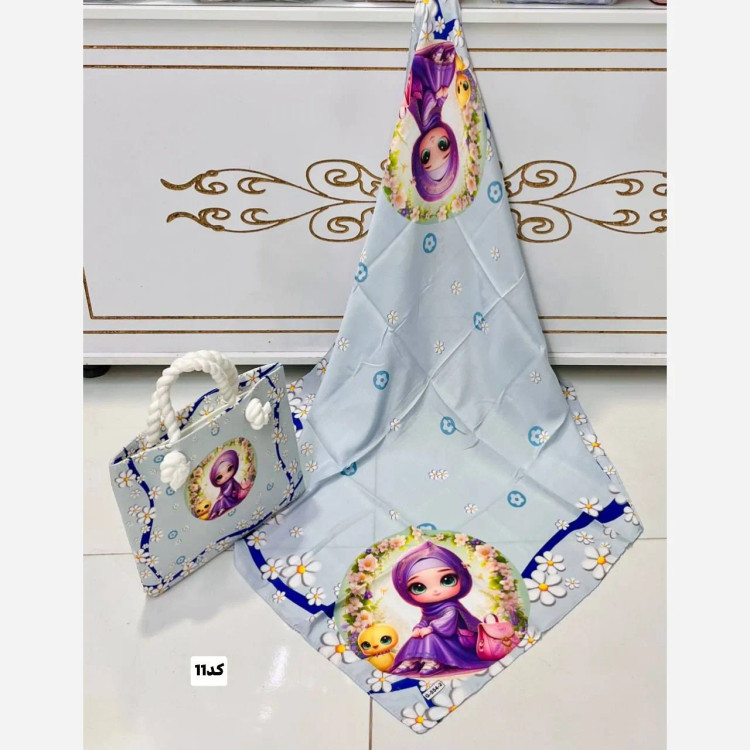 ست کیف و روسری بچگانه با کیف مخمل چاپی و روسری نخی قواره 90