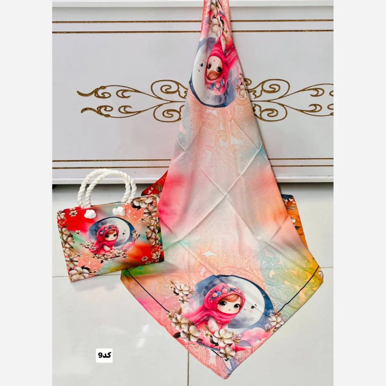 ست کیف و روسری بچگانه با کیف مخمل چاپی و روسری نخی قواره 90