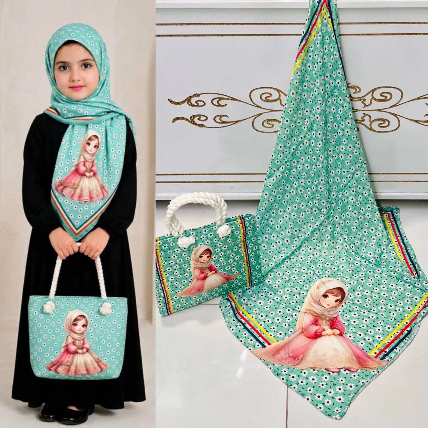 ست کیف و روسری بچگانه جنس مخمل و نخی با قواره 90 و ابعاد 20 در 30