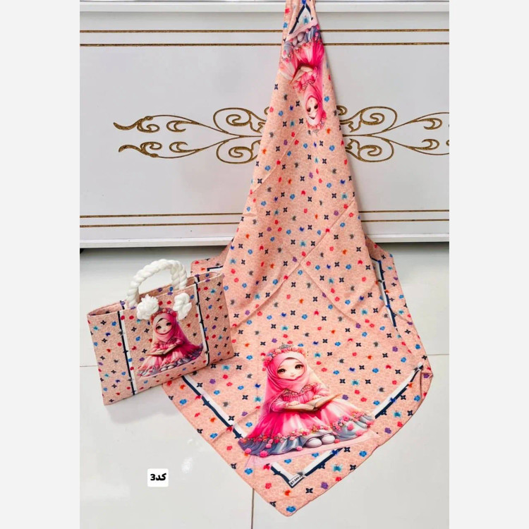 ست کیف و روسری بچگانه جنس مخمل و نخی با قواره 90 و ابعاد 20 در 30