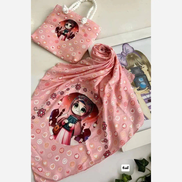 ست کیف و روسری بچگانه جنس مخمل و نخی با قواره 90 و ابعاد 20 در 30