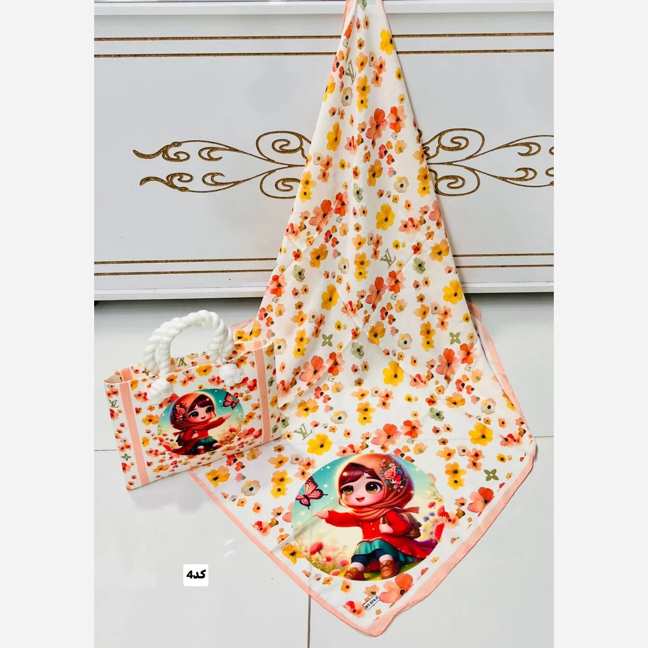 ست کیف و روسری بچگانه جنس مخمل و نخی با قواره 90 و ابعاد 20 در 30
