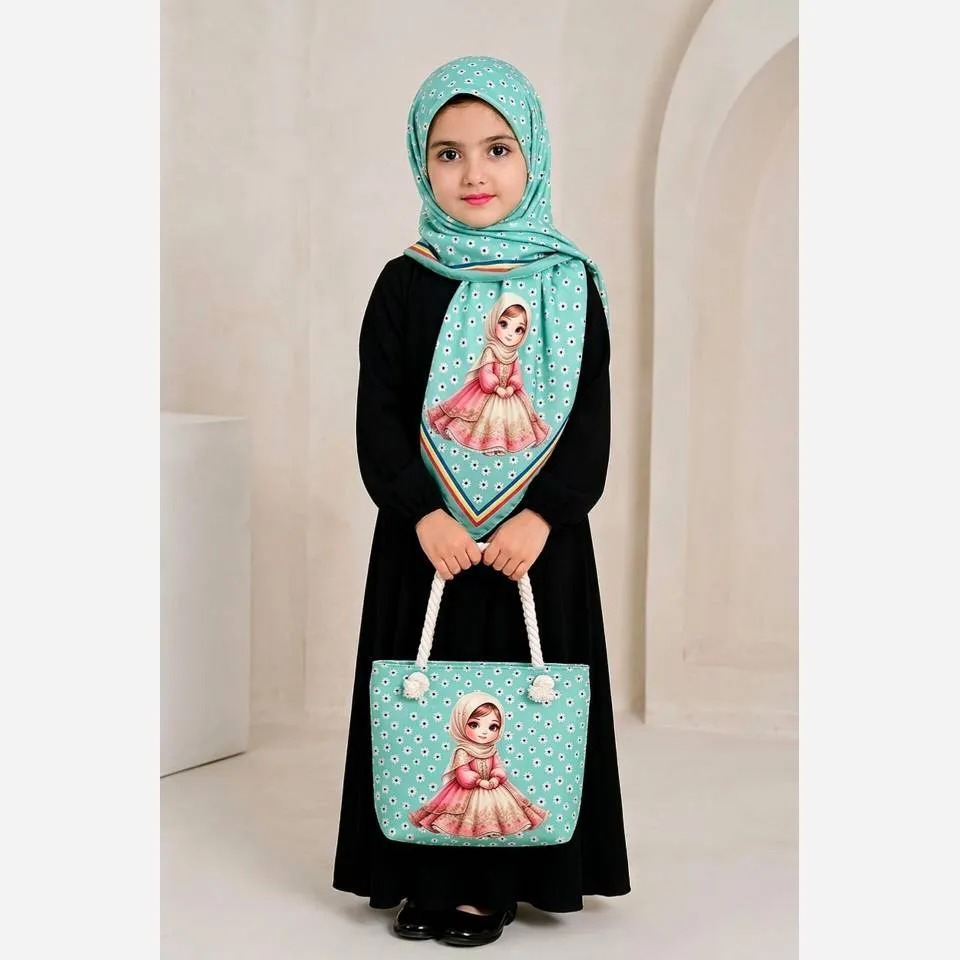 ست کیف و روسری بچگانه جنس مخمل و نخی با قواره 90 و ابعاد 20 در 30
