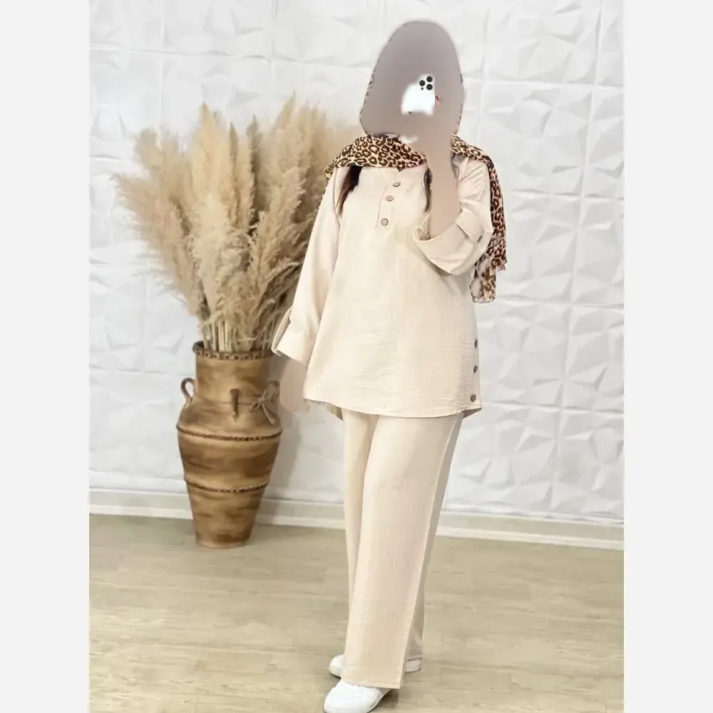 ست شومیز و شلوار زنانه مدل بغل دکمه جنس سوپر آیوا فری سایز