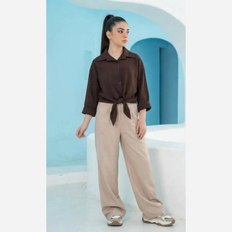 شومیز کراپ دخترانه لینن آستین کیمونو مدل گره ای