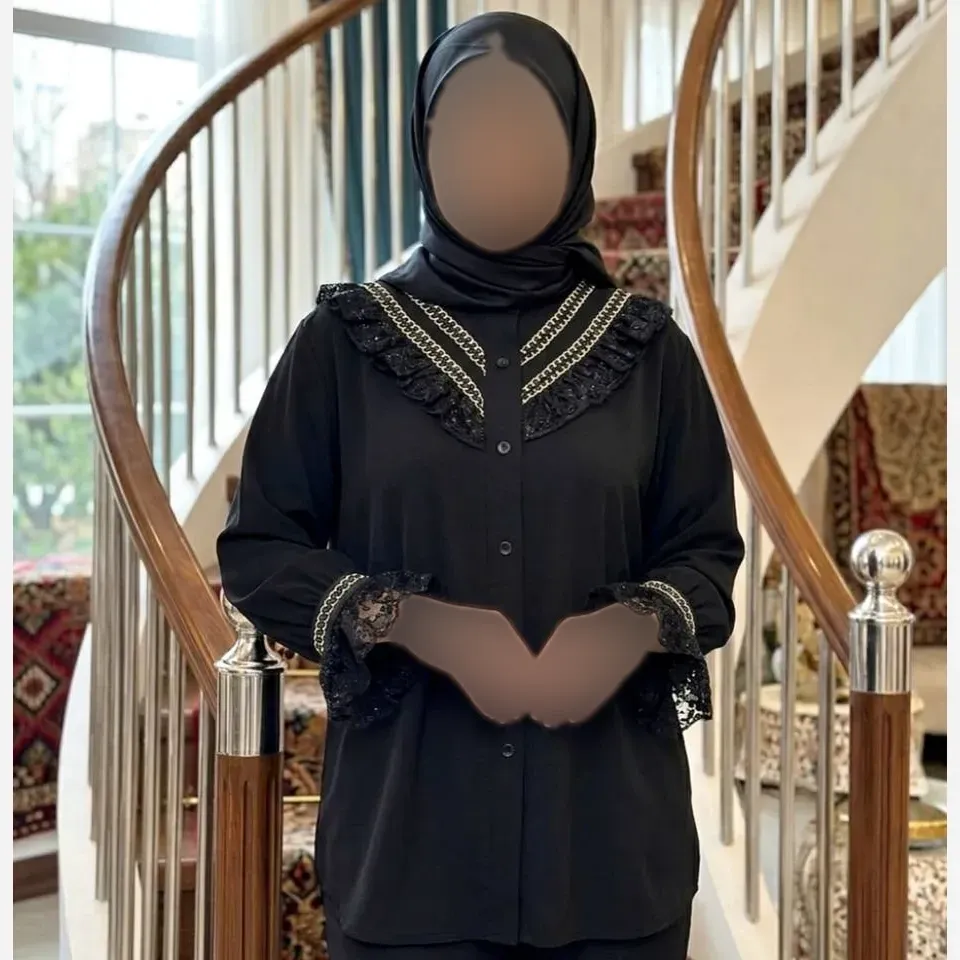شومیز مجلسی زنانه مدل جاودان جنس کرپ الیزه و گیپور پولکدوزی مشکی سایز بزرگ