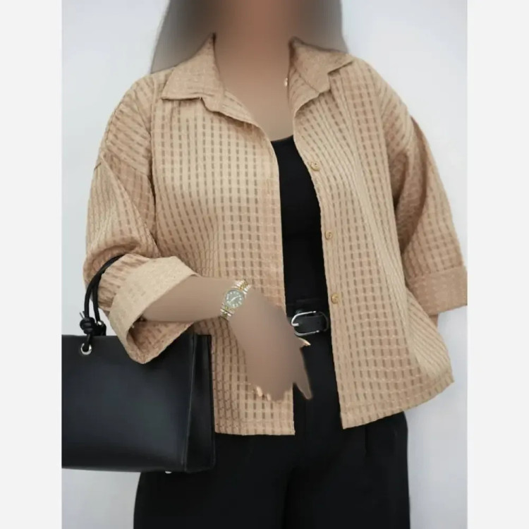 شومیز زنانه حصیری شیشهای آستین سه ربع پاکتی فری سایز