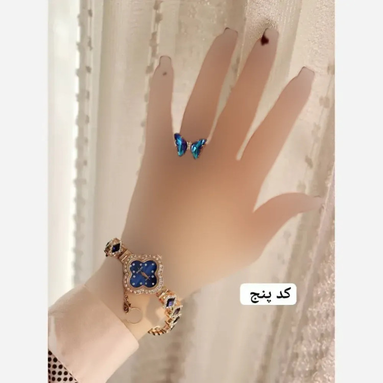 ساعت مچی مجلسی زنانه نگین دار به همراه انگشتر پروانه و جعبه کادویی