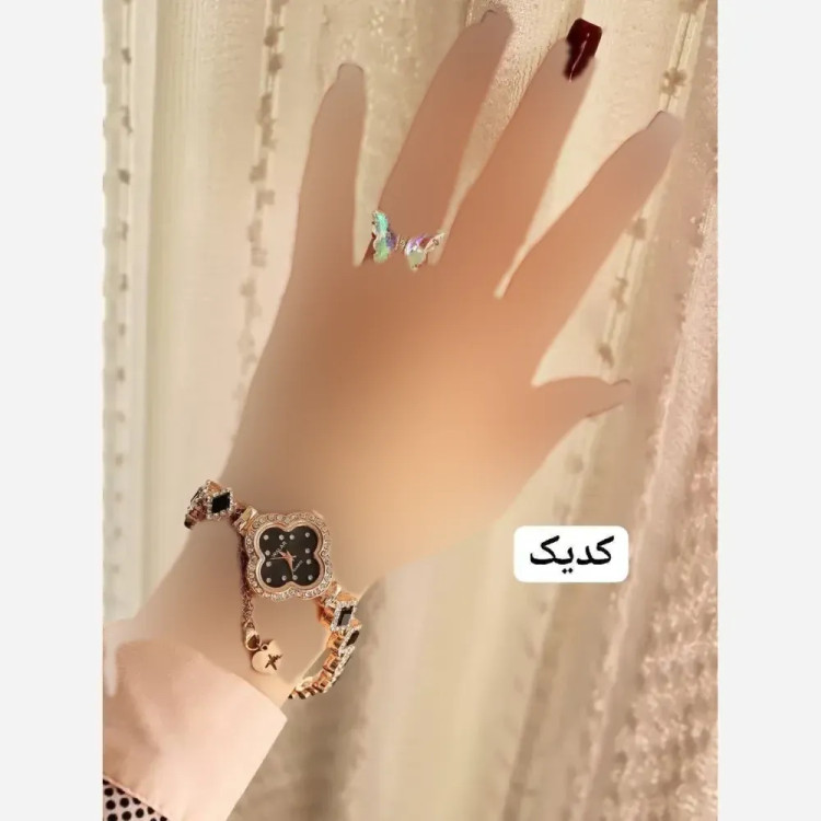 ساعت مچی مجلسی زنانه نگین دار به همراه انگشتر پروانه و جعبه کادویی